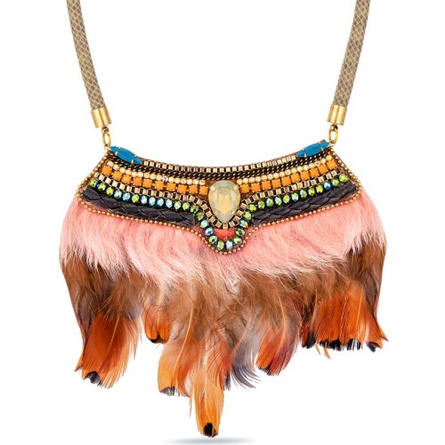 Collier MONTADORA Color Gold Plastron pavé à frange de plumes Multicolore Laiton doré Cristaux sertis Fourrure synthétique