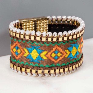 Bracelet ANTISSA Color Gold Manchette souple Ethnique amérindien Multicolore Laiton doré à l'or fin Broderies à la main Perles