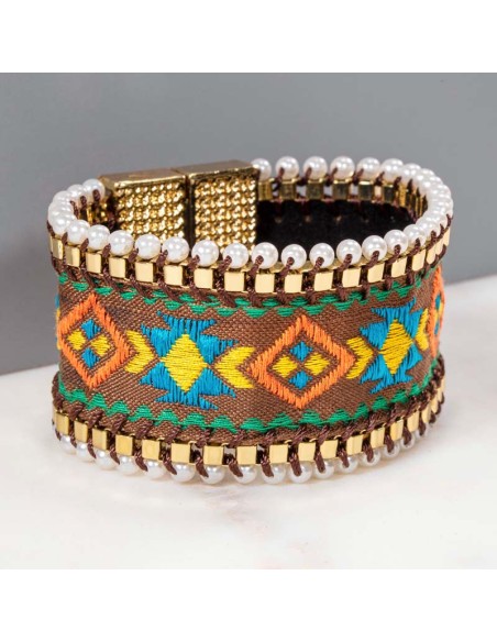 Bracelet ANTISSA Color Gold Manchette souple Ethnique amérindien Multicolore Laiton doré à l'or fin Broderies à la main Perles