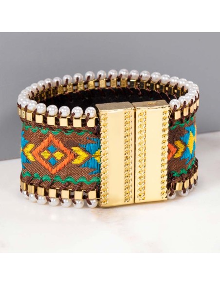 Bracelet ANTISSA Color Gold Manchette souple Ethnique amérindien Multicolore Laiton doré à l'or fin Broderies à la main Perles