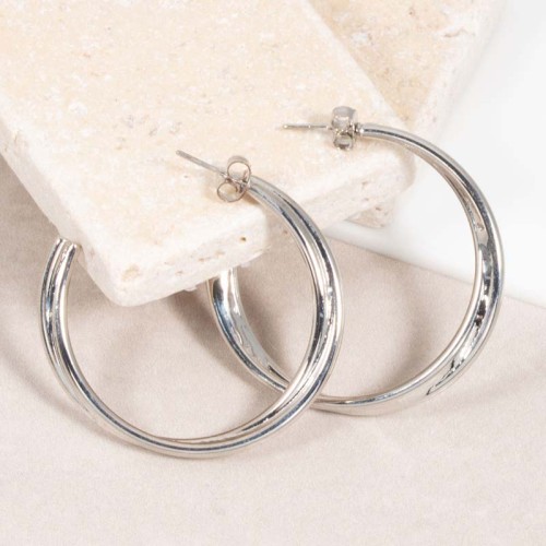 Boucles d'oreilles EOLURA Silver Créoles torsadées Double anneau Argenté Rhodium