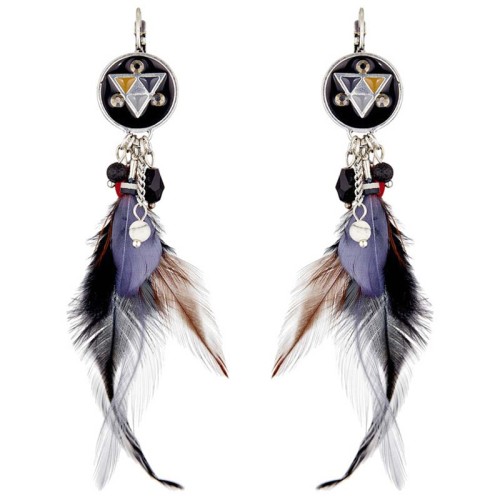 Boucles d'oreilles APAKURIAS Grey Silver Pendantes à pendentif Ethnique Argenté et Gris Rhodium Cristal et Plumes
