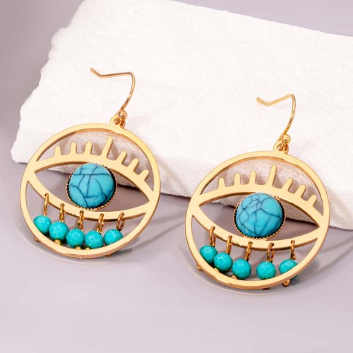 Boucles d'oreilles EYONA Turquoise Gold Pendantes ajourées Œil Doré et Turquoise reconstituée Acier inoxydable doré à l'or fin