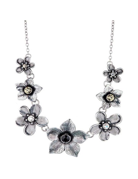 Collier PRINTONIA Black Silver Plastron pavé Fleurs Argenté et Noir Laiton argenté Cristal et Résines