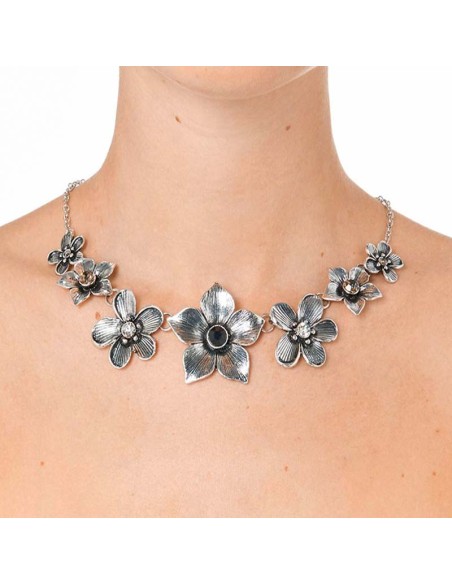 Collier PRINTONIA Black Silver Plastron pavé Fleurs Argenté et Noir Laiton argenté Cristal et Résines
