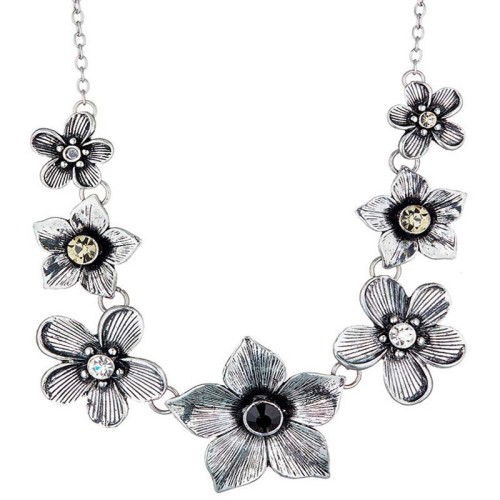 Collier PRINTONIA Black Silver Plastron pavé Fleurs Argenté et Noir Laiton argenté Cristal et Résines