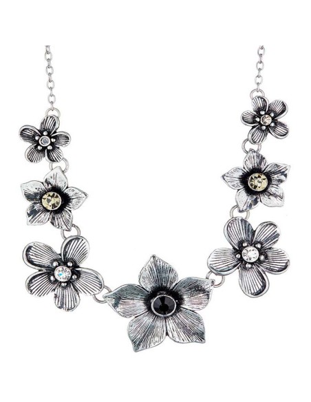 Collier PRINTONIA Black Silver Plastron pavé Fleurs Argenté et Noir Laiton argenté Cristal et Résines