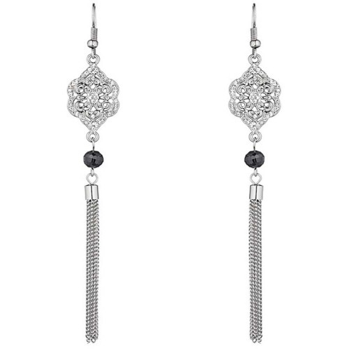 Boucles d'oreilles CILIO Black & White Silver Pendantes longues pavées Oriental Argenté et Noir Blanc Rhodium Cristal