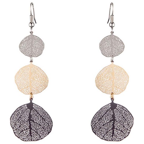 Boucles d'oreilles SOUANA Black Gold & Silver Pendantes ajourées Feuilles filigranes Argenté Doré Noir Rhodium