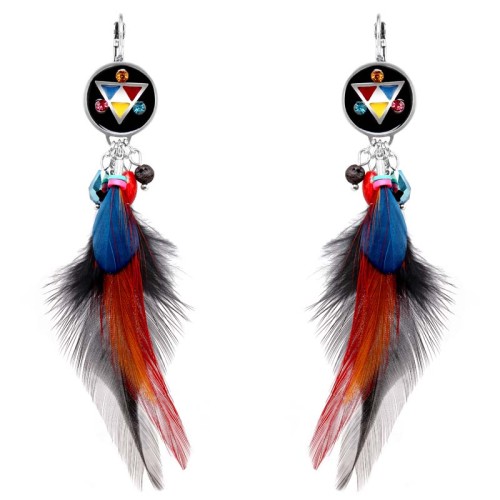 Boucles d'oreilles APAKURIAS Color Silver Pendantes à pendentif Ethnique Argenté et Multicolore Rhodium Cristal et Plumes