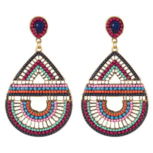 Boucles d'oreilles BAHAMIA Color Gold Pendantes ajourées Ethnique Doré et Multicolore Doré à l'or fin Cristal