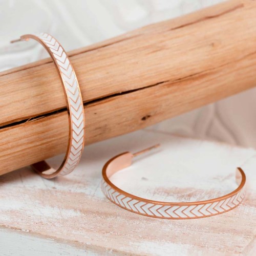 Boucles d'oreilles LIAM White & Rose Gold Créoles plates Ethnique amérindien Rosé Blanc Acier inoxydable doré à l'or fin émaux