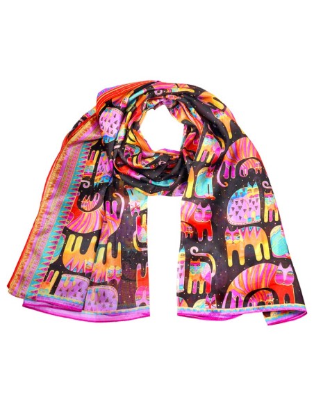 Foulard EL GATO PAYASO Black Color étole en soie imprimée chat Noir et Multicolore 100 % Soie Imprimé sur l'ensemble