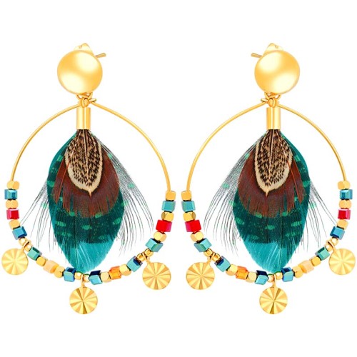 Boucles d'oreilles PLUMEA STEEL Green Gold Pendantes ajourées Ethnique Doré Vert Acier inoxydable doré à l'or fin Cristal Plumes