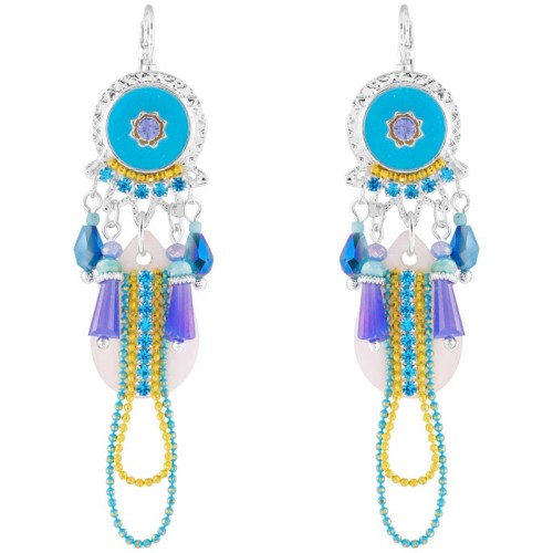 Boucles d'oreilles BLUE LEMON Turquoise Silver Pendantes à pendentif Ethnique Argenté et Turquoise Rhodium Cristal et Nacre