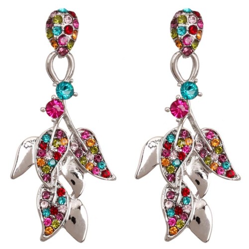 Boucles d'oreilles FOLIA Color Silver Pendantes pavées Feuillage Argenté et Multicolore Rhodium Cristal