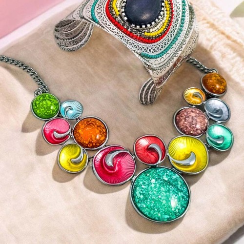 Collier BRASILIA Color Silver Plastron pavé Contemporain Argenté et Multicolore Rhodium Résines et émaux