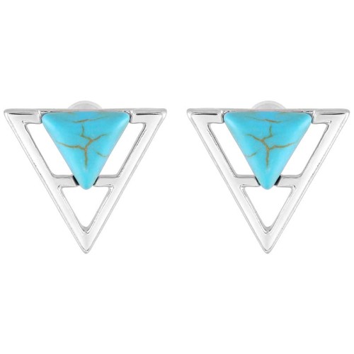 Boucles d'oreilles VEGAS Turquoise Silver Puces pavées Géométrique Argenté et Turquoise Rhodium Turquoise reconstituée