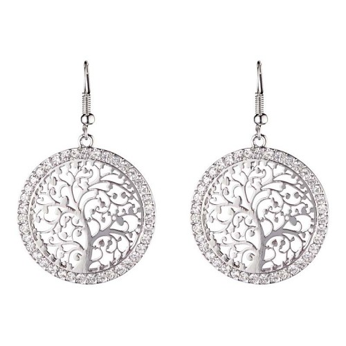 Boucles d'oreilles EVANESCENCE White Silver Pendantes courtes Arbre de vie filigrane Argenté et Blanc Rhodium Cristal