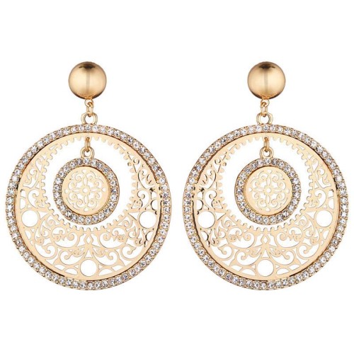 Boucles d'oreilles CASABIANCA White Gold Pendantes pavées ajourées Filigrane Doré et Blanc Doré à l'or fin Cristal