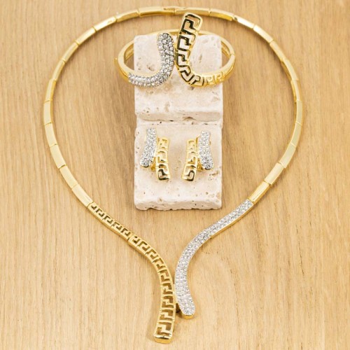 Parure GRECCA White Gold Ras de cou serti bracelet et boucles d'oreilles puces Cocktail Blanc Laiton doré à l'or fin Cristal