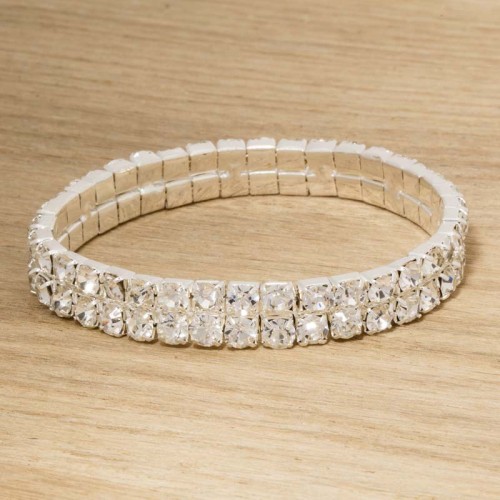 Bracelet GALA DOUBLE CRYSTAL White Silver Manchette souple réglable élastique Double rivière de cristaux sertis Argenté et Blanc
