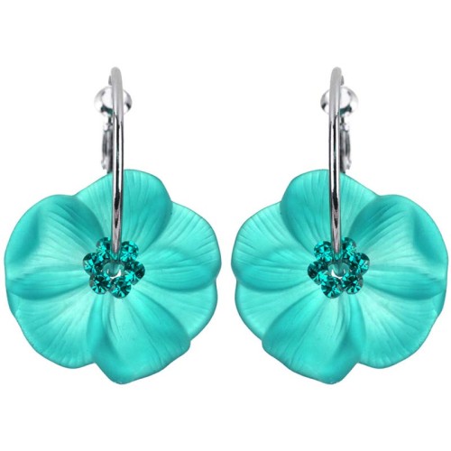 Boucles d'oreilles SUMAO Green Silver Créoles à pendentif Floral Argenté et Vert Rhodium Cristal et Résines