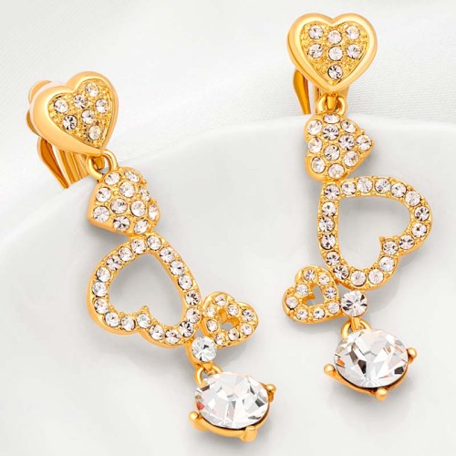 Boucles d'oreilles LOVELY White Gold Clips pendantes pavées Cœur Doré et Blanc Doré à l'or fin Cristal