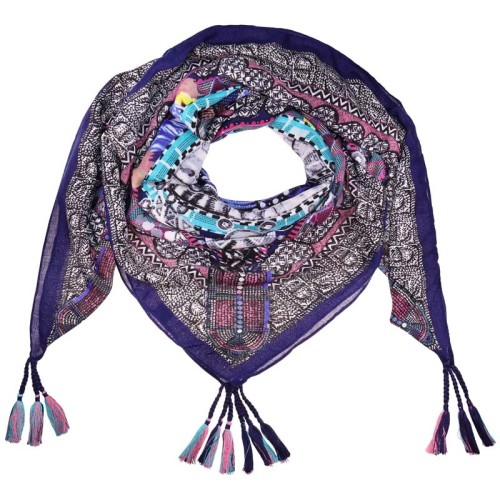 Foulard BOLIVIAN Navy Blue Color grand carré imprimé à breloques ethnique Multicolore et Bleu Marine Viscose Décorations pompons