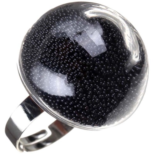 Bague SABLUS Black Silver Cocktail Aquarium Bulle transparente de perles mobiles Argenté et Noir Rhodium Perles emprisonnées