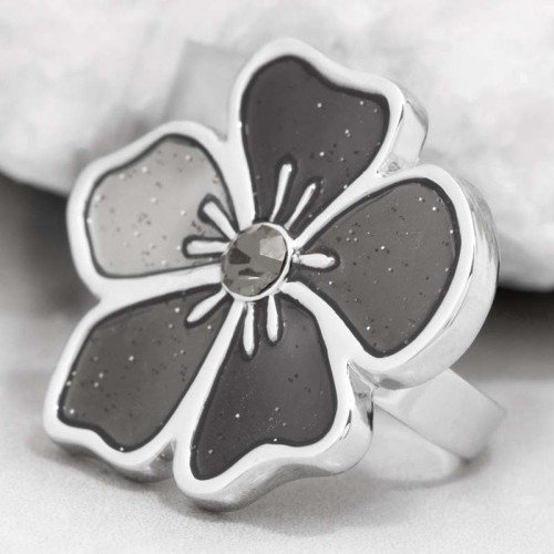 Bague MIMOSA Black Silver Cocktail réglable flexible Fleur Argenté et Noir Rhodium Cristal et émaux