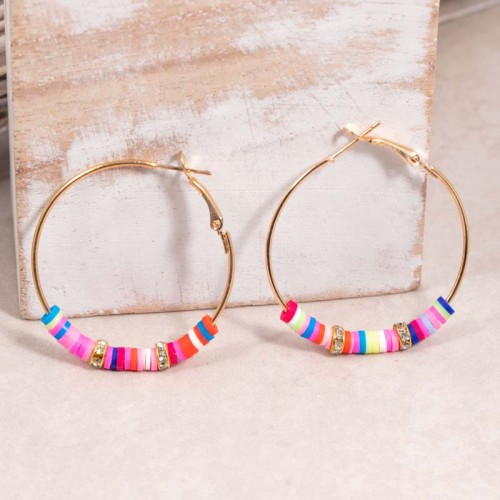 Boucles d'oreilles EODALIA Color Gold Créoles pavées Alternance de perles Doré et Multicolore Laiton doré Cristaux sertis