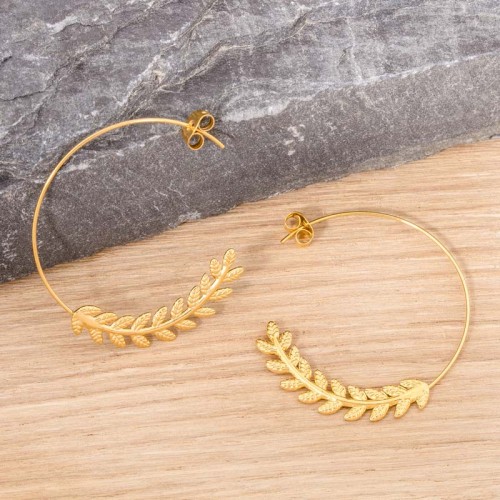 Boucles d'oreilles CESARIA Gold Créoles anneaux Couronne de feuilles Doré Acier inoxydable doré à l'or fin