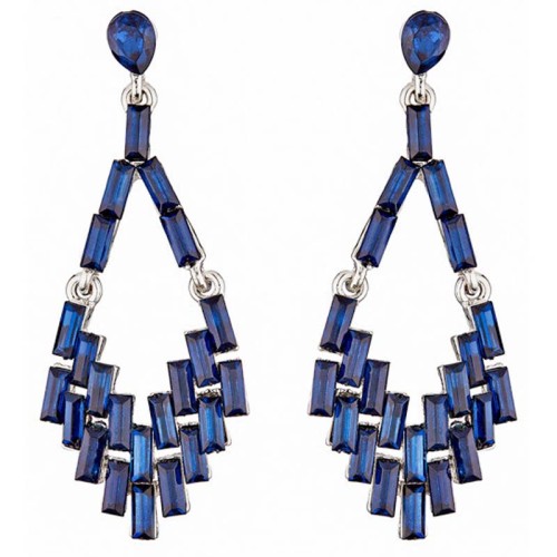 Boucles d'oreilles SITELLO Night Blue Silver Pendantes pavées Géométrique Argenté et Bleu Nuit Rhodium Cristal