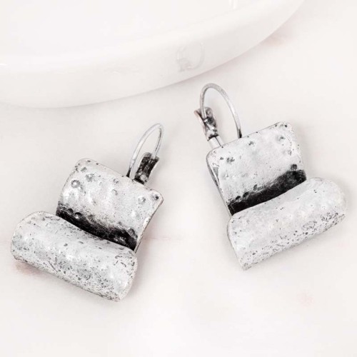 Boucles d'oreilles GONDOLINE Silver Dormeuses courtes Martelé Argenté Laiton argenté Cristal