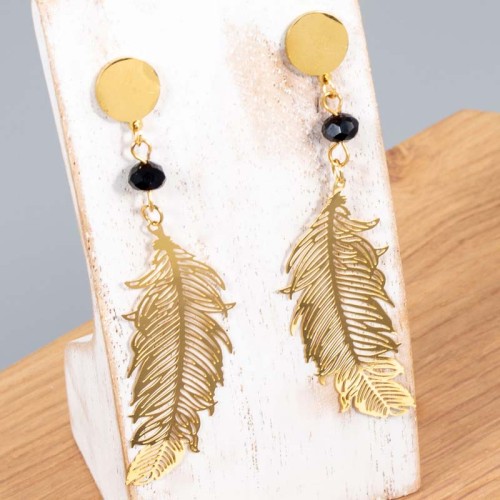 Boucles d'oreilles FLYBIRD Black Gold Pendantes ajourées Plumes Doré et Noir Acier inoxydable doré à l'or fin Cristal