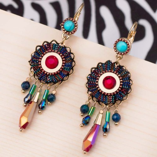 Boucles d'oreilles MEOLA Color Gold Pendantes à pendentif Ethnique Doré et Multicolore Doré à l'or fin Cristal et Tissage