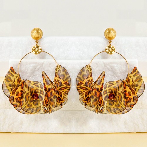 Boucles d'oreilles BOUQUET Brown Gold Pendantes ajourées à pendentifs Bouquet imprimé léopard Marron Laiton doré Perles Tissage