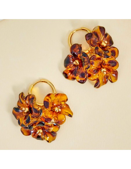 Boucles d'oreilles BLOSSOMS BOUQUET Brown Gold Créoles à pendentif Fleurs imprimé léopard Marron Acier inoxydable doré Résines