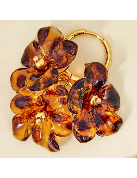 Boucles d'oreilles BLOSSOMS BOUQUET Brown Gold Créoles à pendentif Fleurs imprimé léopard Marron Acier inoxydable doré Résines