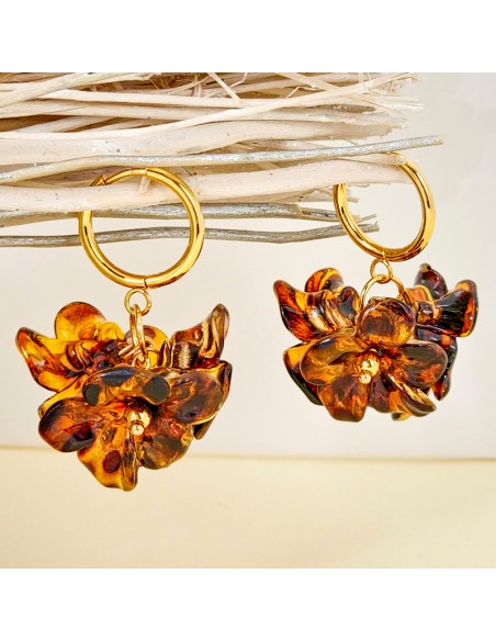 Boucles d'oreilles BLOSSOMS BOUQUET Brown Gold Créoles à pendentif Fleurs imprimé léopard Marron Acier inoxydable doré Résines