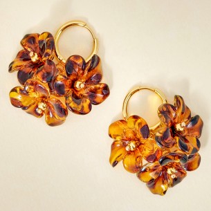 Boucles d'oreilles BLOSSOMS BOUQUET Brown Gold Créoles à pendentif Fleurs imprimé léopard Marron Acier inoxydable doré Résines