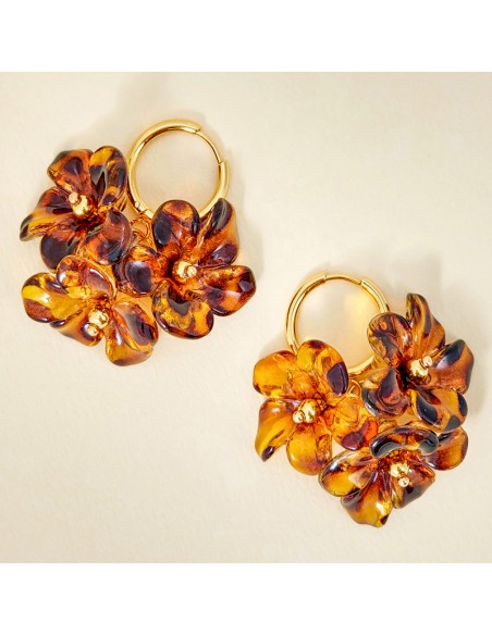 Boucles d'oreilles BLOSSOMS BOUQUET Brown Gold Créoles à pendentif Fleurs imprimé léopard Marron Acier inoxydable doré Résines