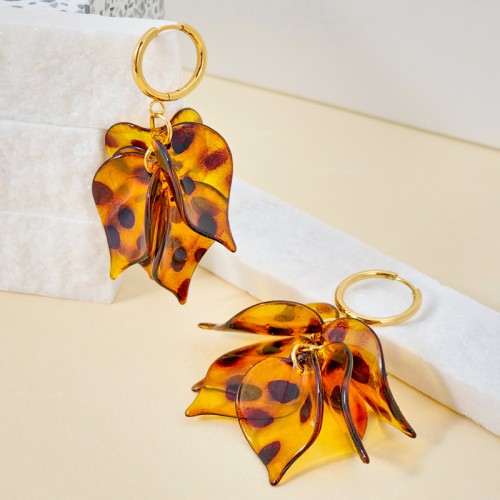 Boucles d'oreilles LEAVES BOUQUET Brown Gold Créoles à pendentif Feuilles imprimé léopard Marron Acier inoxydable doré Résines