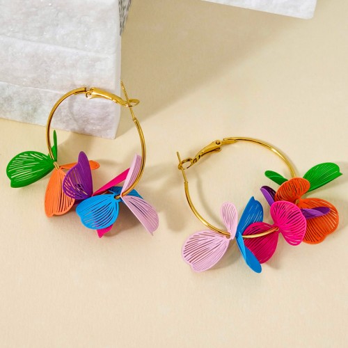 Boucles d'oreilles FLOWERING BOUQUET Color Gold Créoles pendentif Pétales de fleur Multicolore Acier inoxydable doré à l'or fin