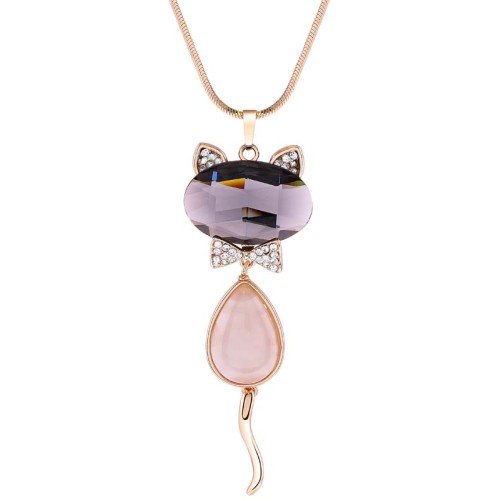 Collier EL GATO MISTERIOSO Grey Gold Sautoir pendentif en Y Chat articulé mobile Doré et Gris Doré à l'or fin Cristal et Résine