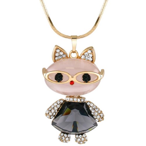Collier THE SMART CAT Grey Gold Sautoir pendentif en Y Chat à lunettes Doré et Gris Laiton doré à l'or fin Cristal
