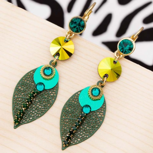 Boucles d'oreilles LA SELVA Green Emerald Gold Pendantes ajourées Feuilles filigranes Vert émeraude Doré à l'or fin Cristal