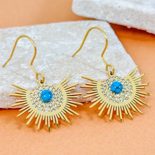 Boucles d'oreilles ASOL Turquoise Gold Pendantes courtes Solaire Turquoise reconstituée Acier inoxydable doré à l'or fin Cristal