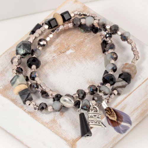 Bracelet VARGAS Black Silver Bracelet pendentif Multirangs Cadenas et clé Argenté et Noir Rhodium Cristal Pierre de roche Plumes